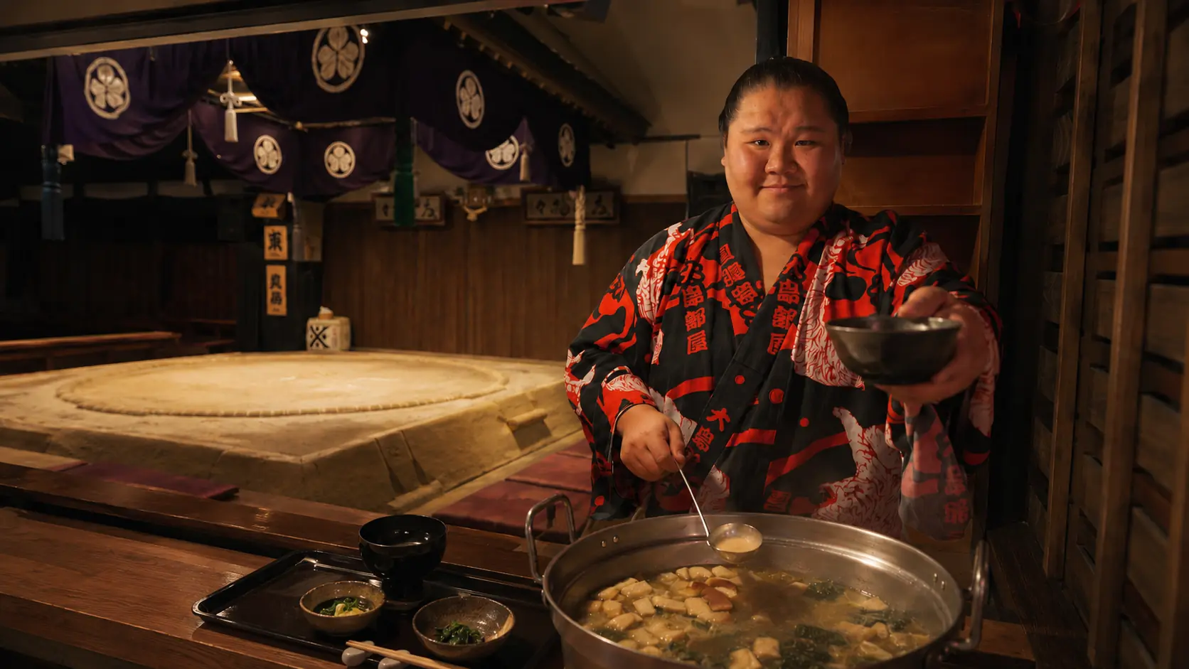 A sumo wrestler serving unlimited Welcome Chanko beside an authentic dohyo at Tokyo Sumo Festival